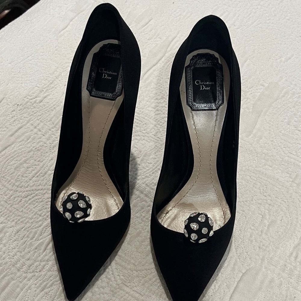 Dior Black silk satin Heels with Silver rhinestone Accents